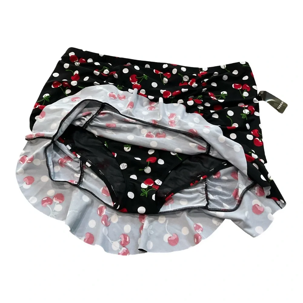 Torrid Swim Skirt Skort Retro Black and Red Cherries Polka Dot Ruffled Ruched 3X - Picture 3 of 4